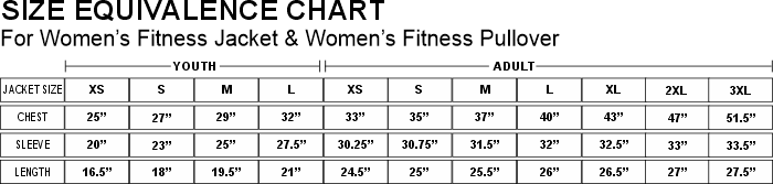 Women's Fitness jacekts Size Chart