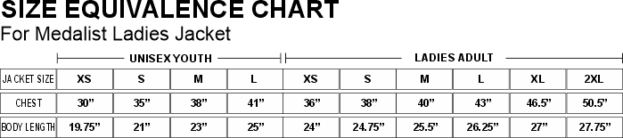 Ladies Medalist Jacket size chart