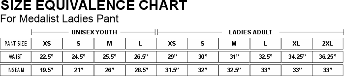 Ladies Medalist Pant size chart