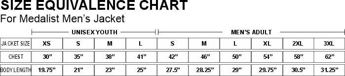 Ladies Medalist Jacket size chart