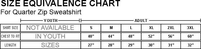 Quarter Zip Sweatshirt size chart