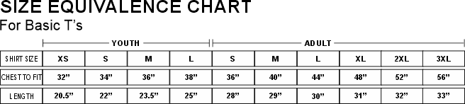 Basic T's Size Chart